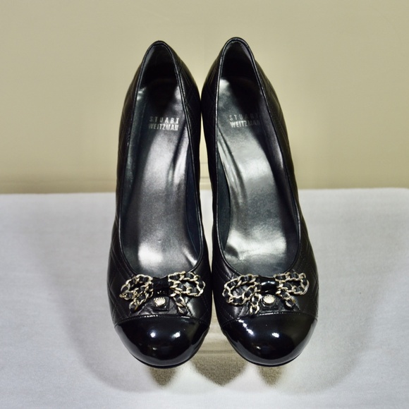 NWOT Stuart Weitzman Black Round Toe Chain Bow Pumps - Picture 11 of 11